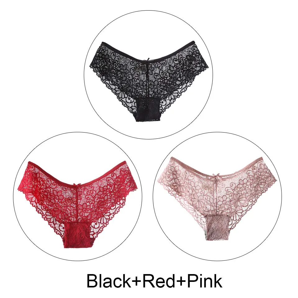 Black-Red-Pink 3 шт., сексуальные кружевные трусики для женщин, нижнее белье, дышащие женские трусики, прозрачные трусы, Дамское белье размера плюс S-XXL - Цвет: Black-Red-Pink