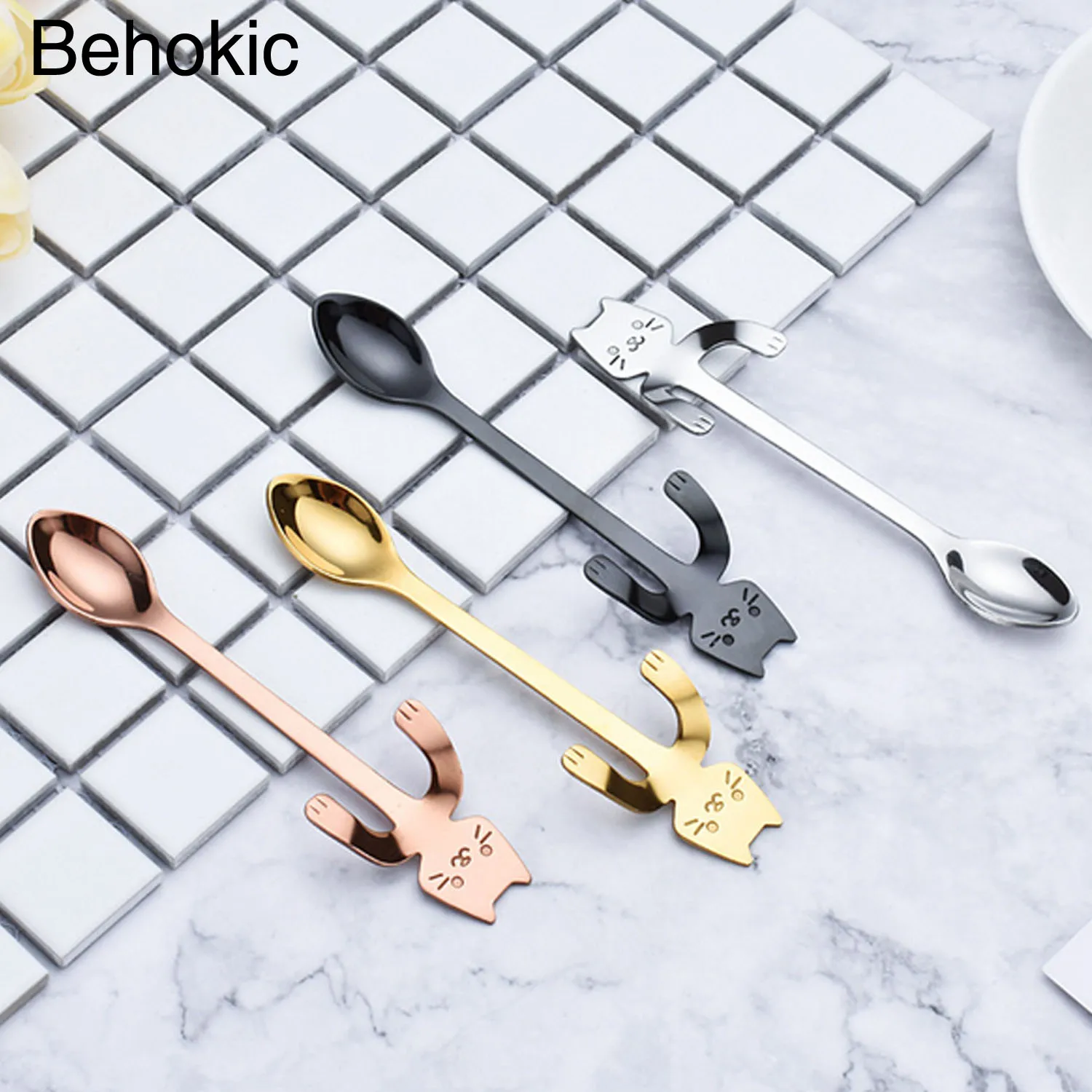 

Behokic Cute Cat Teaspoons Stainless Steel Cartoon Cat spoons Creative Ice Cream Dessert Long Handle Coffee&Tea Spoon Tableware