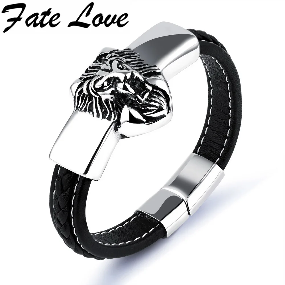 Fate Love Personalized Lion Genuine Leather Charm Bangles&Bracelets For Man Jewelry Braided Animal Bracelet Drop shipping FL1136