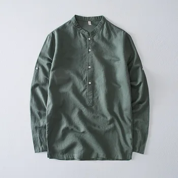 

2018 Autumn cotton and flax Italy style long sleeve shirts men brand fashion green shirt mens stand collar solid shirt male tops