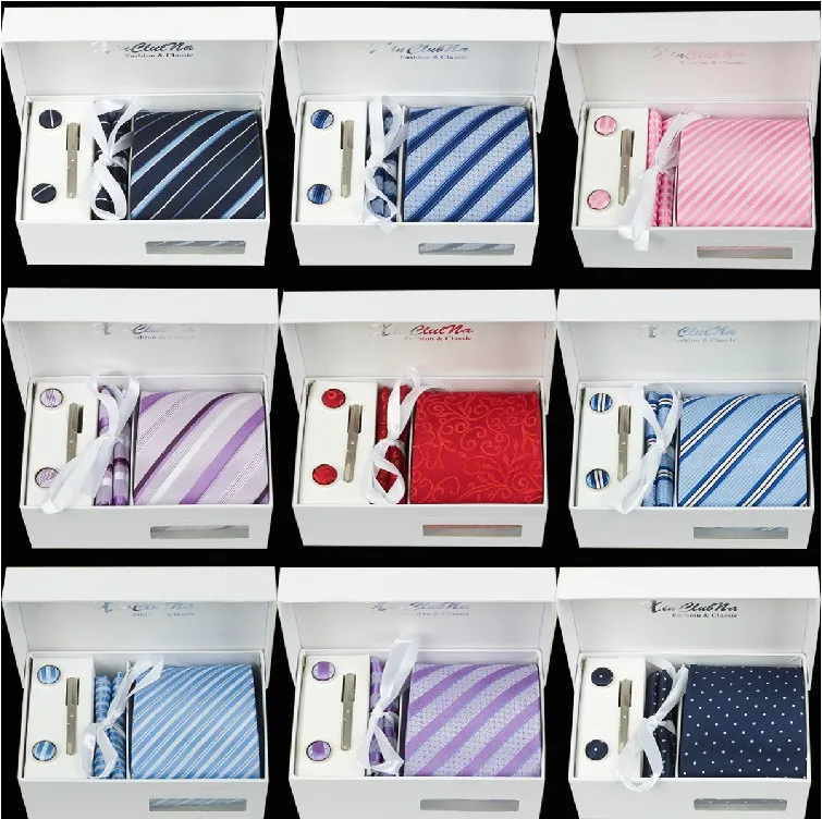 

Wedding gift box for groomsmen, Business Gift set for formal wear: tie + cuff link + stick pin + pocket square + box&bag