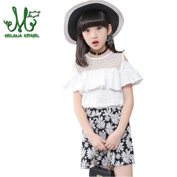

Teens Girls Clothing Sets Summer Girl Cotton Lace Short Sleeve T-Shirts+Tutu Dress 2Pcs Fashion Princess Outfits For 5 -14 Years