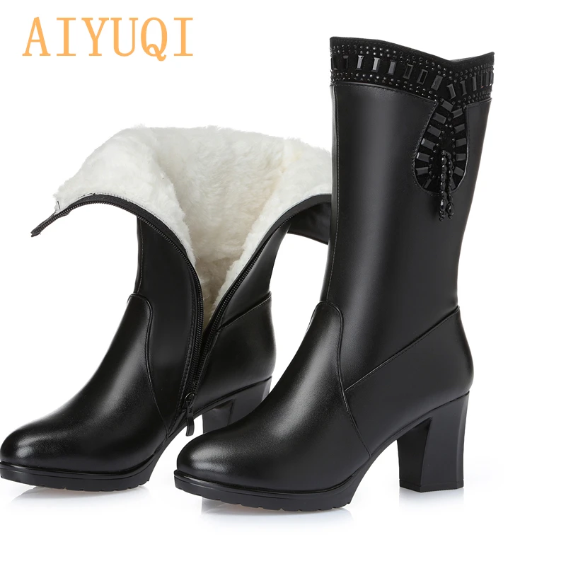 

AIYUQI 2019 ladies boots for winter genuine leather women's boots warm wool rhinestone fashion high heel tassel boots women