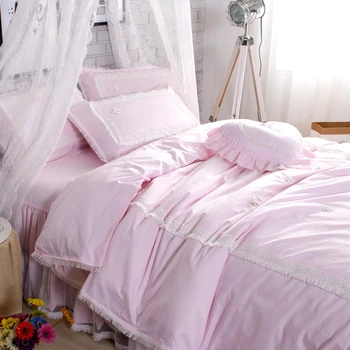 

Home Decoration Cotton Bedding Sets Luxury Lace Princess Wedding Duvet Cover+Bed Skirt+Pillow Case For Girl Solid Simple 4pcs