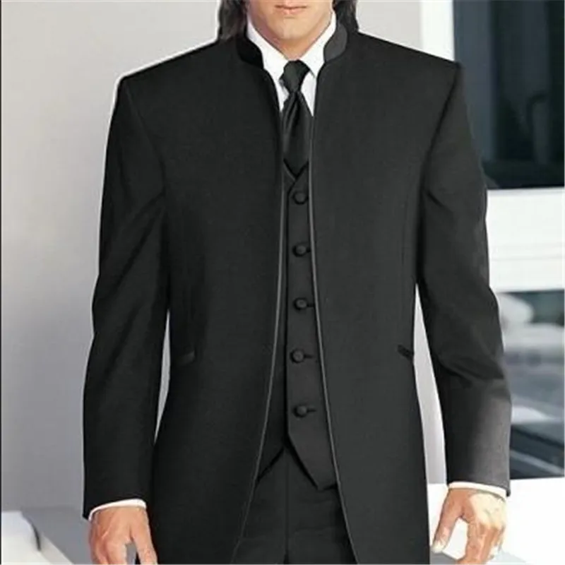 2018 New Black Stand Collar Men Wedding Suits 3 Pieces(Jacket+Pants+Vest+Tie) Custom Made Groom Tuxedos Best Man Wedding Grooms