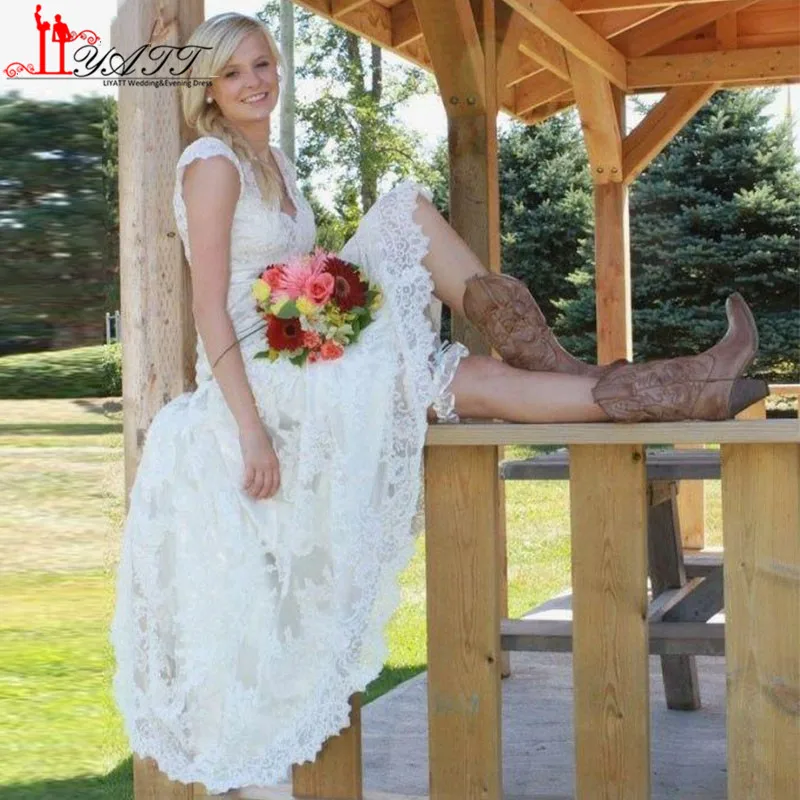 High Low Full Lace Wedding Dresses Vestido 2016 Vintage V Neck Cap