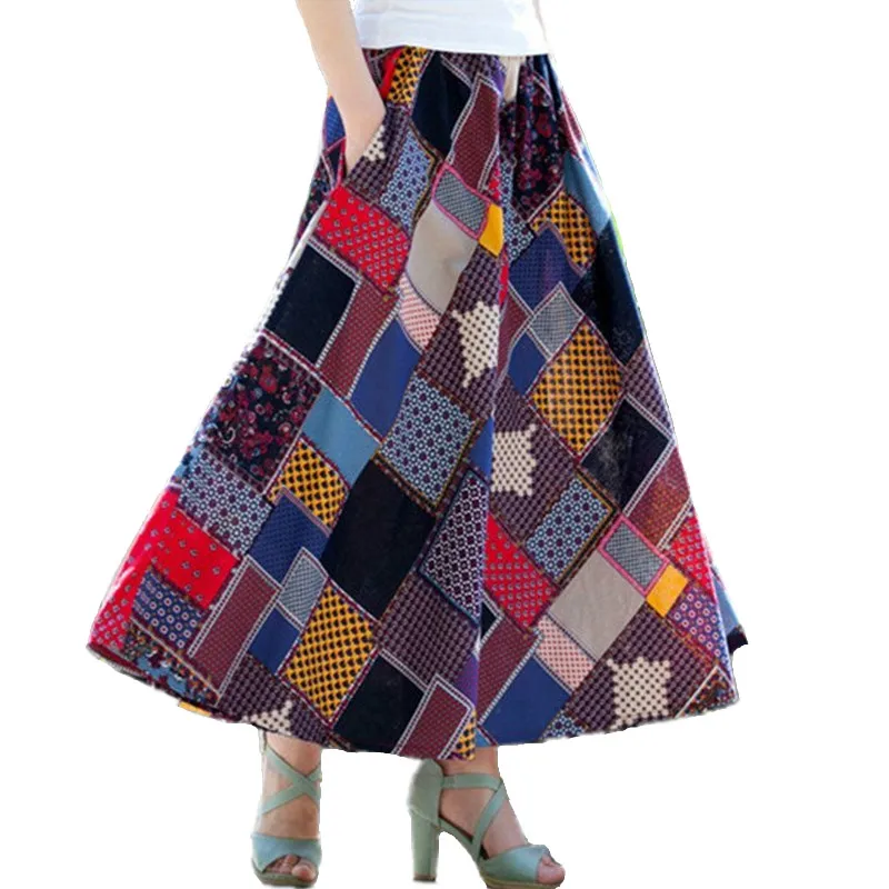 Винтажные хлопковые льняные женские юбки с принтом, богемные летние женские длинные Faldas Largas, повседневная элегантная юбка макси, одежда для девочек