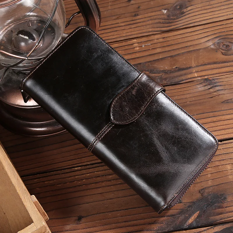

New Vintage Oil Waxed Genuine leather Men Wallet Money Purse Card holder Phone Photo Coin Package Zipper Clutch Men Purses