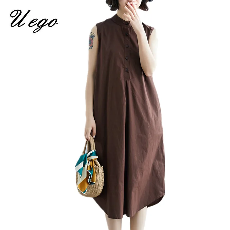 

Uego Button Stand Collar Preppy Style Shirts Dress Cotton Linen Sleevless Loose Summer Dress 2019 New Arrival Women Casual Dress