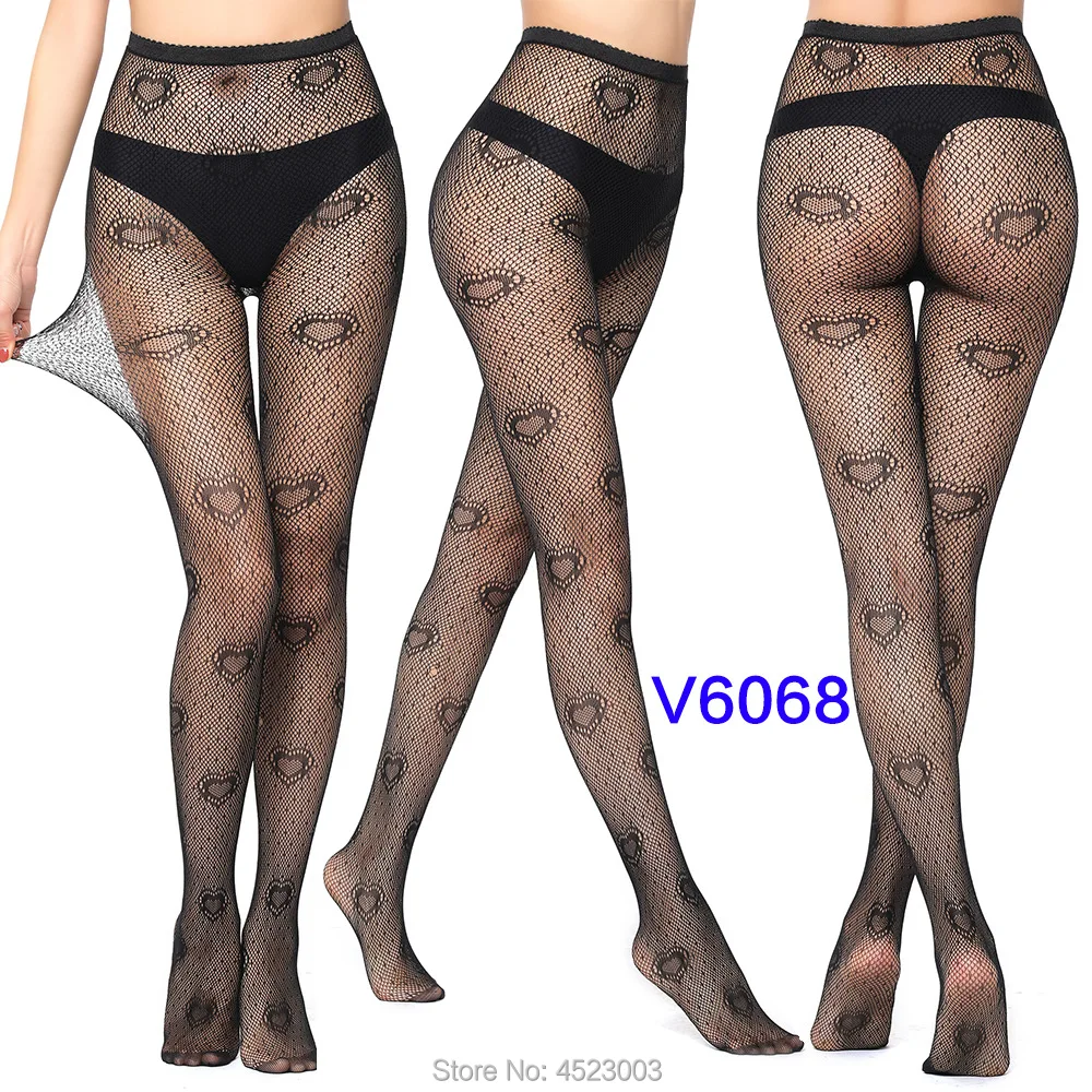 Women Tights Stockings Female Thigh High Fishnet Embroidery Transparent Pantyhose Lady Black Mesh Hosiery - Цвет: V6068