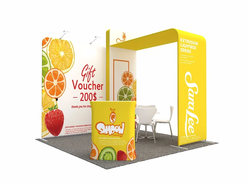 

Portable 10ft curved fabric trade show display pop up booth with TV mount product shelf exhibits