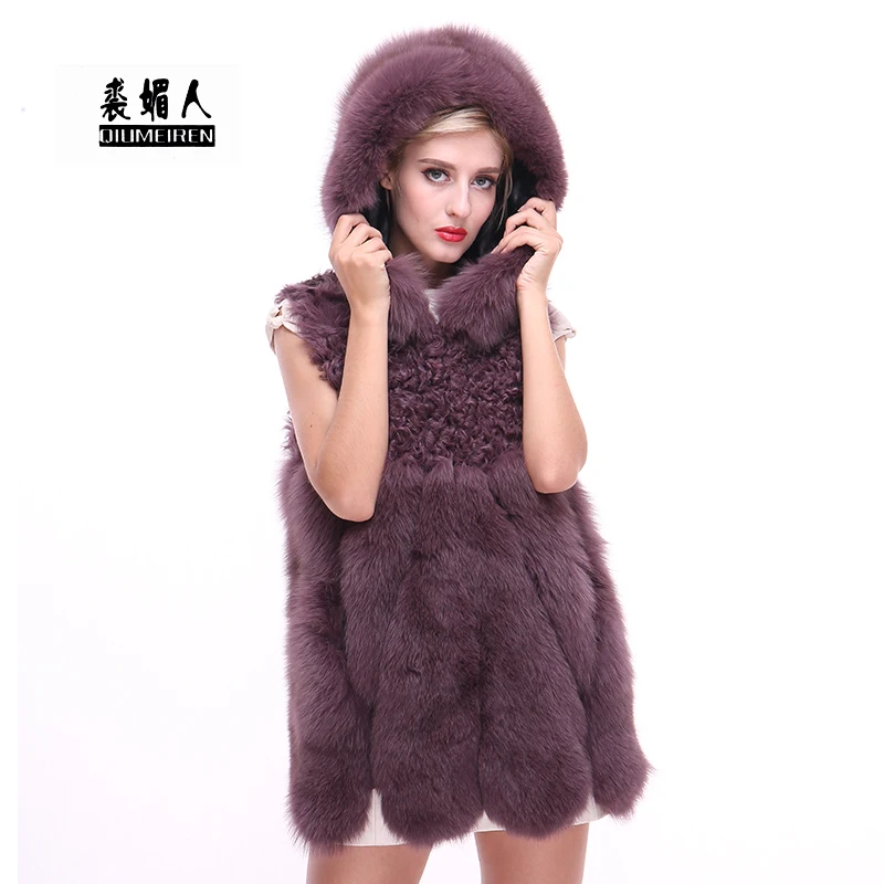QIUMEIREN 2018 Real Natural Fox Fur Hood Vest Coat Jacket Long Luxury