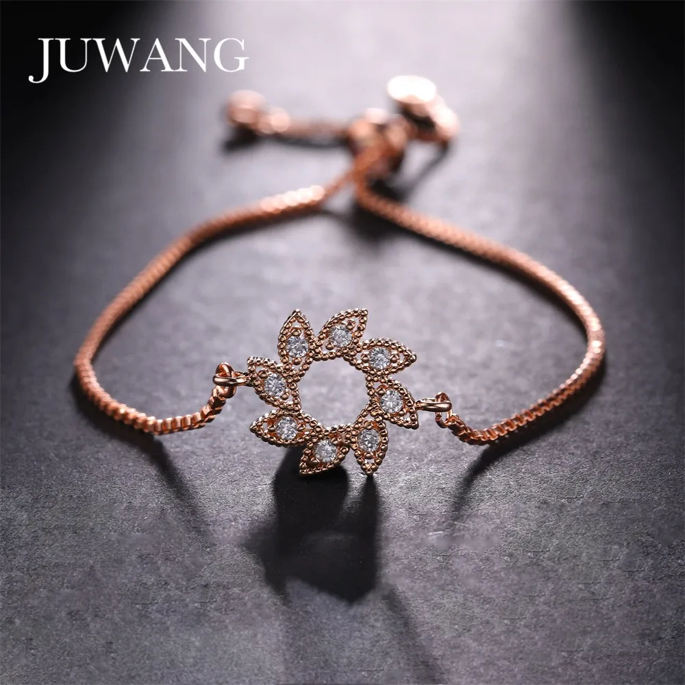 

JUWANG Rose Gold Color Sun Flower Bracelet for Women Charm Pave Cubic Zirconia Adjustable Bracelet Jewelry Gift Wholesale
