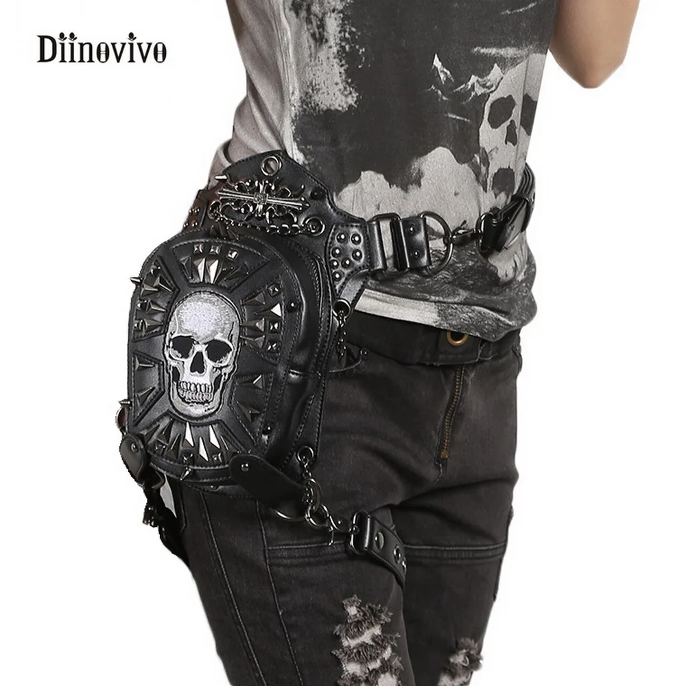 

DIINOVIVO Fashion Motorcycle Women Messenger Bag Gothic Steampunk Retro Rock Crossbody Bag Rivet Skull Waist Leg Bags WHDV0114