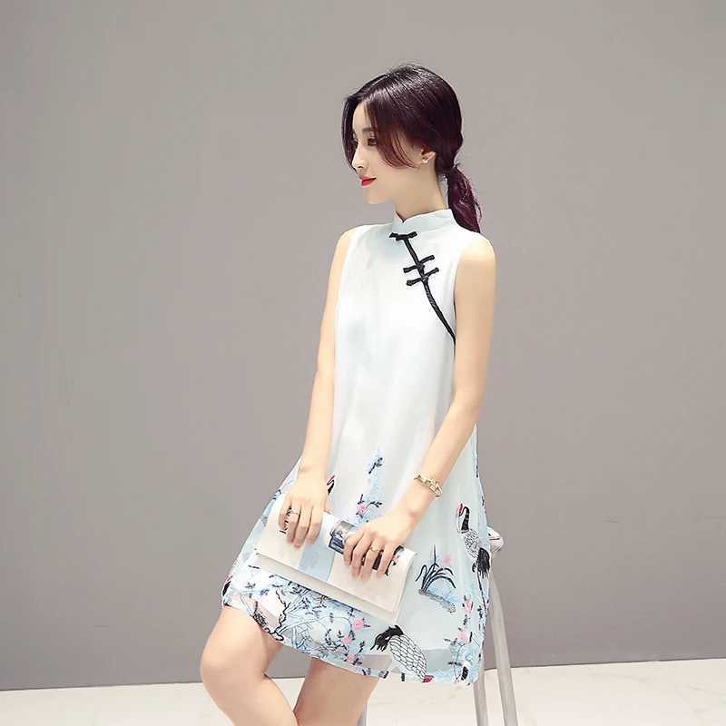 Летнее китайское традиционное женское хлопковое Чонсам до колена в стиле ретро, женское платье без рукавов с принтом, повседневный дизайн, Ципао - Цвет: Белый
