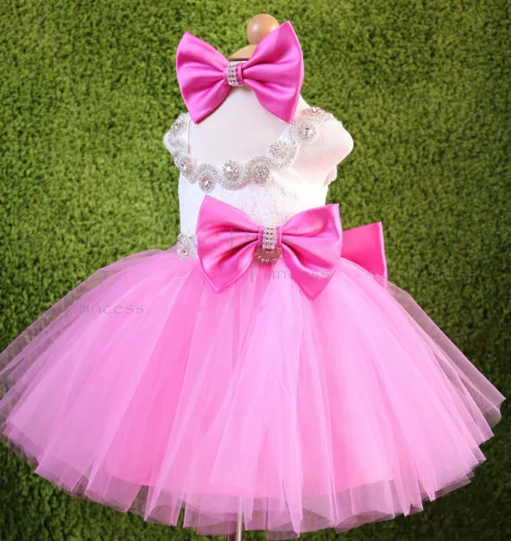 

Fresh pink and white flower girl dresses knee-length crystals rhinestones princess Pageant Dress with bow 1st birthday outfit