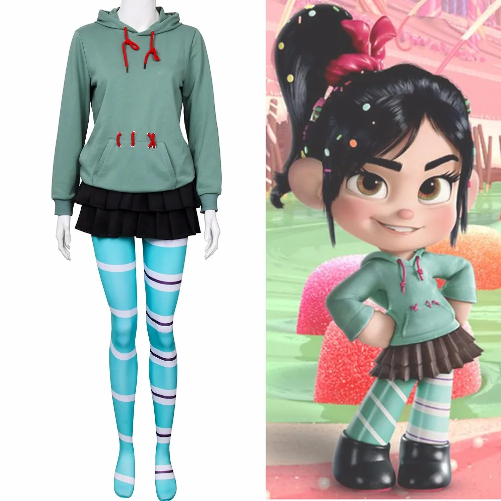 

New Ralph Breaks the Internet: Wreck-It Ralph 2 Vanellope von Schweetz Cosplay Costume Green Hoodies Pantynose Skirt Cartoon