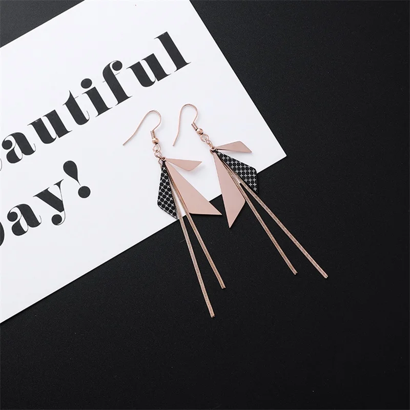 New Listing Geometric Titanium Steel long Tassel Girl Earrings gold Stainless Steel Triangle leaf Girl Black Jewelry Earrings 1 - Окраска металла: style-12