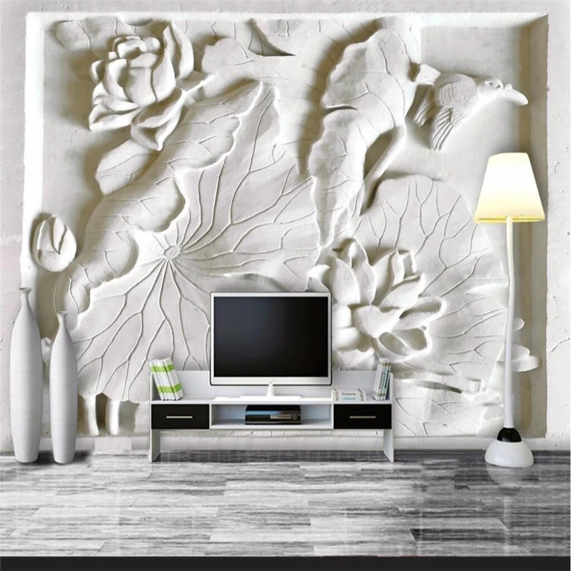 

beibehang 3d wallpaper mural art decor picture backdrop Modern living room with white embossed Lotus Hotel restaurant painting