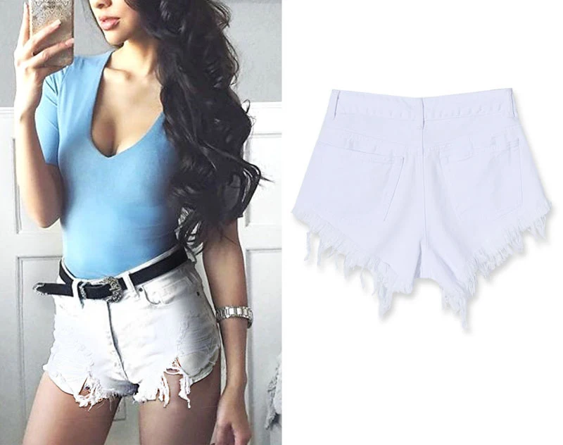  2017 Best Selling Women Pure White High Waist Slim Grinding Patch Holes Irregularly Exposed Jeans Pants Sexy Girl Denim Shorts (4)
