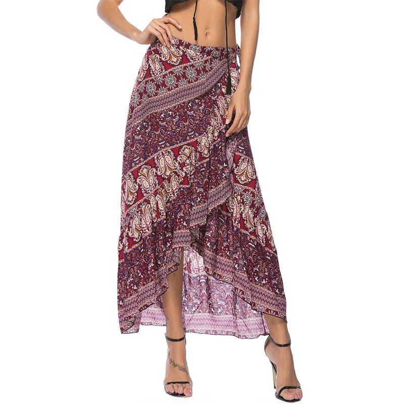 WLLW Women Long Skirt Wrap Lace Up Bohemian skirt Paisley Print Split Front Splice Beach | Женская одежда