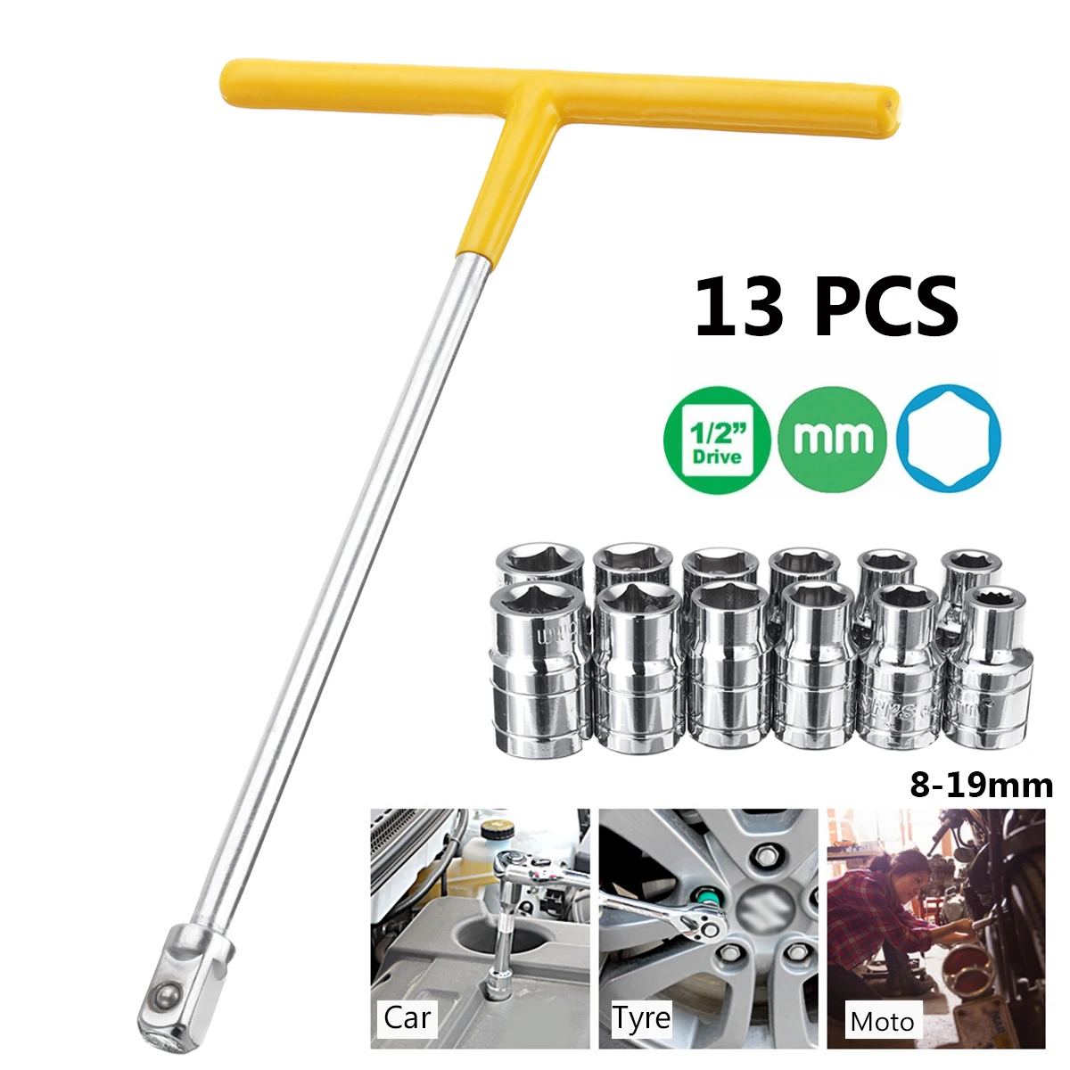 

13Pcs 8-19mm T Type Wrench Adapter Socket Set 1/2 Inch Drive Hex Bit Socket Set for Car Tyre Motorcycle Repair Tools