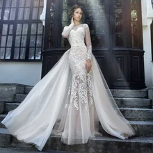Sexy 2017 Wedding Dresses Turkey Scoop Mermaid Appliqued Tulle Bridal Gown with Removable Train Open Back