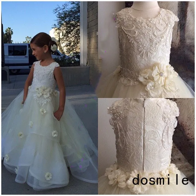 Best price at $142 Cheap Ball Gown Little Girls Party Dresses Crew Neckline Lace Beading Flowers Pearls Ruffle Little Flower Girls' Dresses 2016