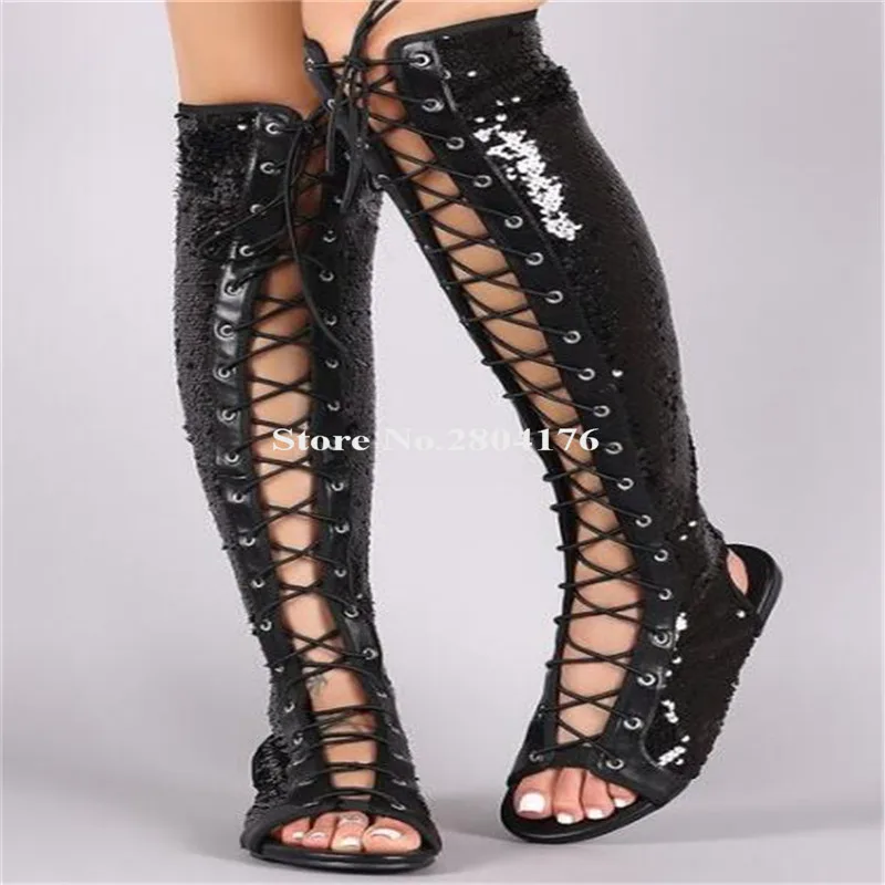 Ladies Bling Bling Open Toe Sequined Lace-up Knee High Flat Gladiator ...