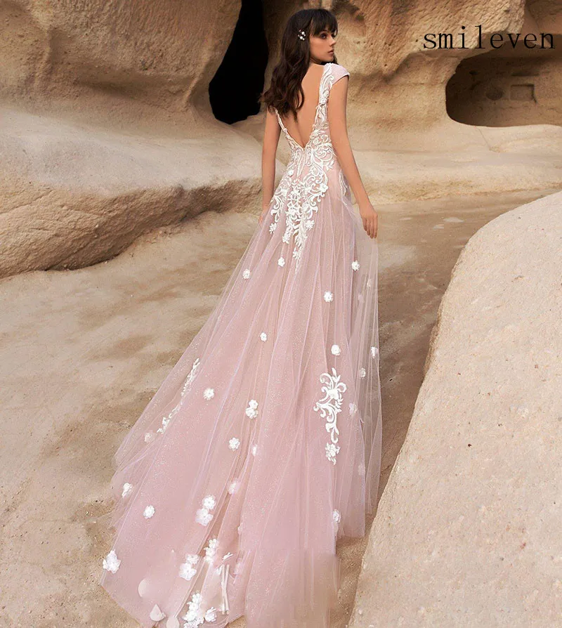 

Smileven Pink Princess Wedding Dress Backless Fairy Boho Lace Bride Dresses Floor Length Short Sleeves Wedding Gowns