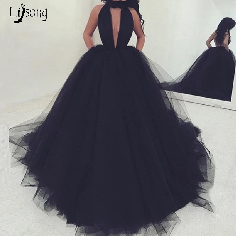 

Black Tulle Halter Backless Prom Ball Gowns Dresses Long Custom Made Sexy Womens Maxi Gown Celebrity Party Chic Simple Dress
