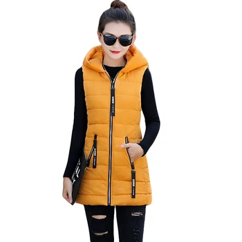 

Plus Size 4XL Women Winter Vests 2018 New Long Slim Vest Cotton Padded Jacket Sleeveless Female Hooded Waistcoat Vest D204