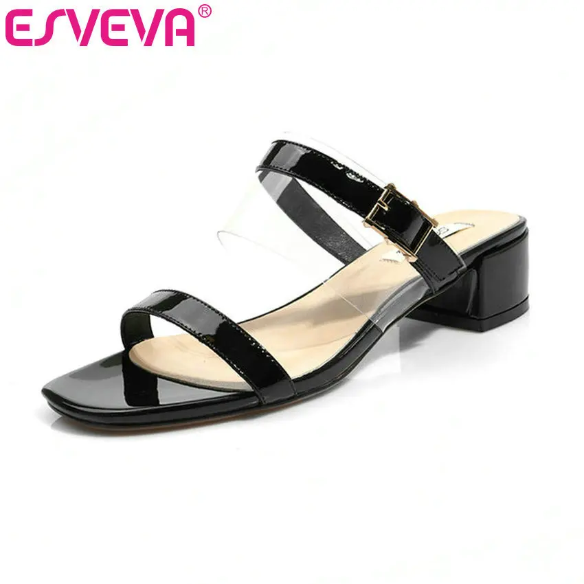 

ESVEVA 2019 Ladies Sandals Med Heel Slip On PU+Cow Leather Ladies Square Toe Summer Slingback Women Shoes Summer Size 34-39