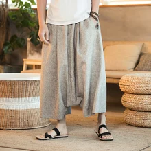 Мужские повседневные Самурайские Boho Широкие брюки со стрелкой штаны из льна и хлопка шикарные мужские брюки длиной до икры свободные большие размеры 5XL