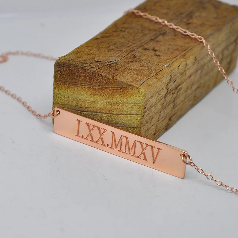 Wholesale Custom Roman Numberal Necklace Rose Gold Engraved Bar Personalized Silver Pendent Design Fashion Jewelry Collar