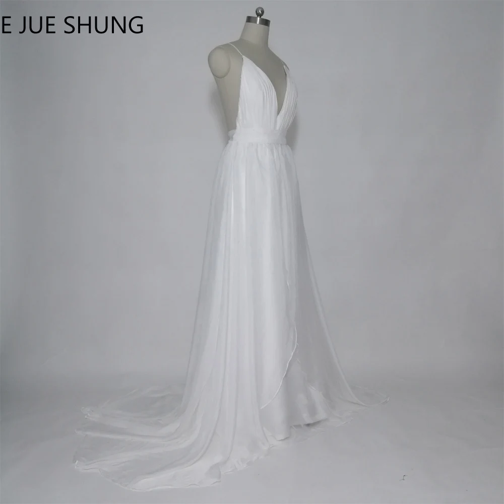 E JUE Шунг Белый Sexy шифон спинки Boho Свадебные платья 2018 v-образным вырезом бретельках пляж Свадебное платье вечернее платье