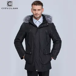City Class зима теплые Куртки Мужские Silver Fox съемный капюшон съемная стеганая подкладка моды casaco masculino Мужские парки с натуальным мехом 363-14
