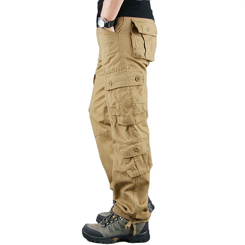 Мужские брюки-карго, повседневные хлопковые длинные брюки, мульти карманы, Военный стиль, тактические брюки, мужские камуфляжные хлопковые брюки - Цвет: Khaki