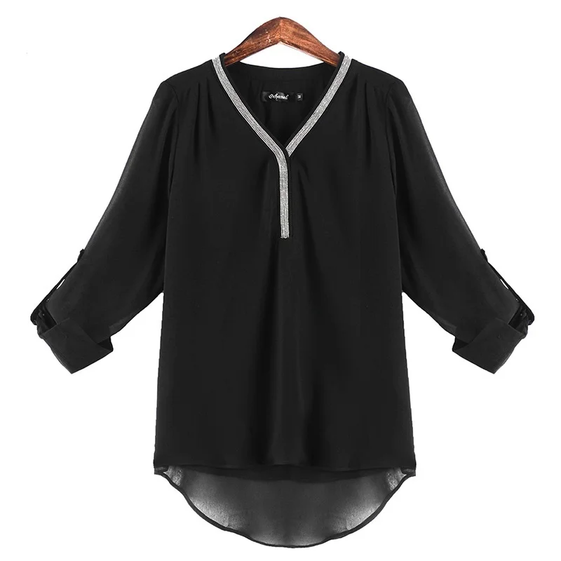 2017 new design high quality plus size women spring autumn V neck chiffon blouse high and low black women shirt big size 5XL