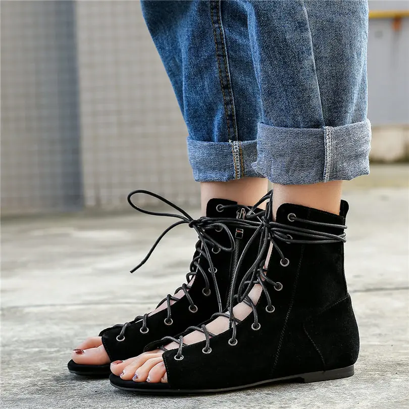 

2019 Women Lace Up Strappy Genuine Leather Roman Gladiators Sandals High Top Open Toe Summer Party Flats Oxfords Casual Shoes