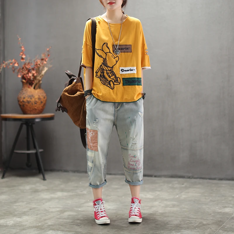 Женская летняя Модная брендовая китайская стильная винтажная хлопковая Футболка с вышивкой в виде поросенка, женские повседневные свободные футболки