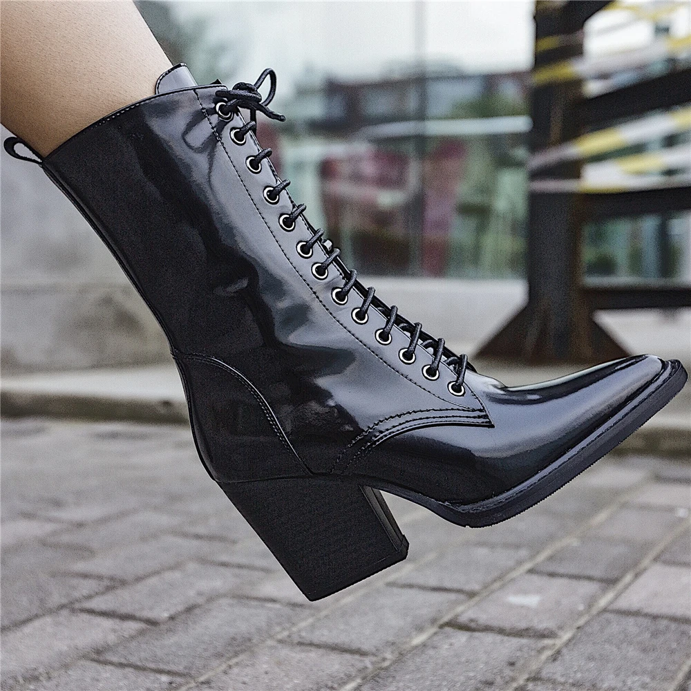Stylesowner/черные женские ботинки из лакированной кожи на шнуровке; сапоги до середины икры на молнии и высоком каблуке; Mujer; брендовые ботинки с острым носком и перекрестной шнуровкой