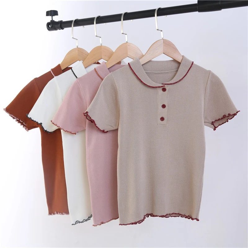 

Female Teens T-shirt Cute Crochet Peter Pan Collar Cute Short Sleeve Contrast Color Chic Women's Summer Cozy Tee Shirt 2019 New