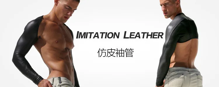 New Fashion Design Top Quality Mens Black Long Sleeve Faux Leather Tops Lingerie Fishnet Breathable Costume Bodysuit Strong Male 