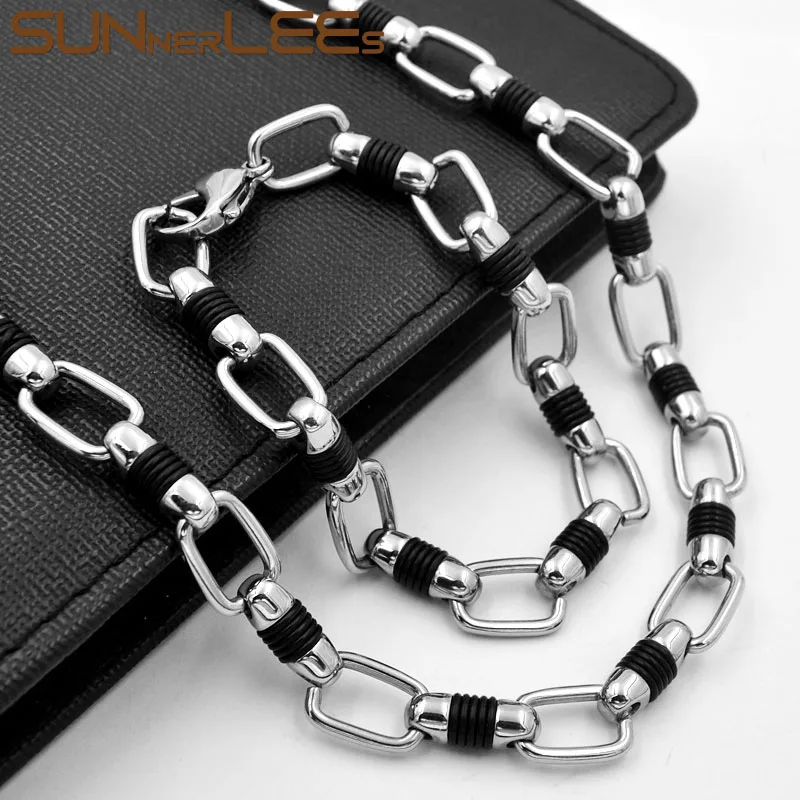 

SUNNERLEES Stainless Steel Necklace Bracelet Set 10mm Geometric Link Chain Silver Black Silicone Men Women Jewelry Gift SC171 S