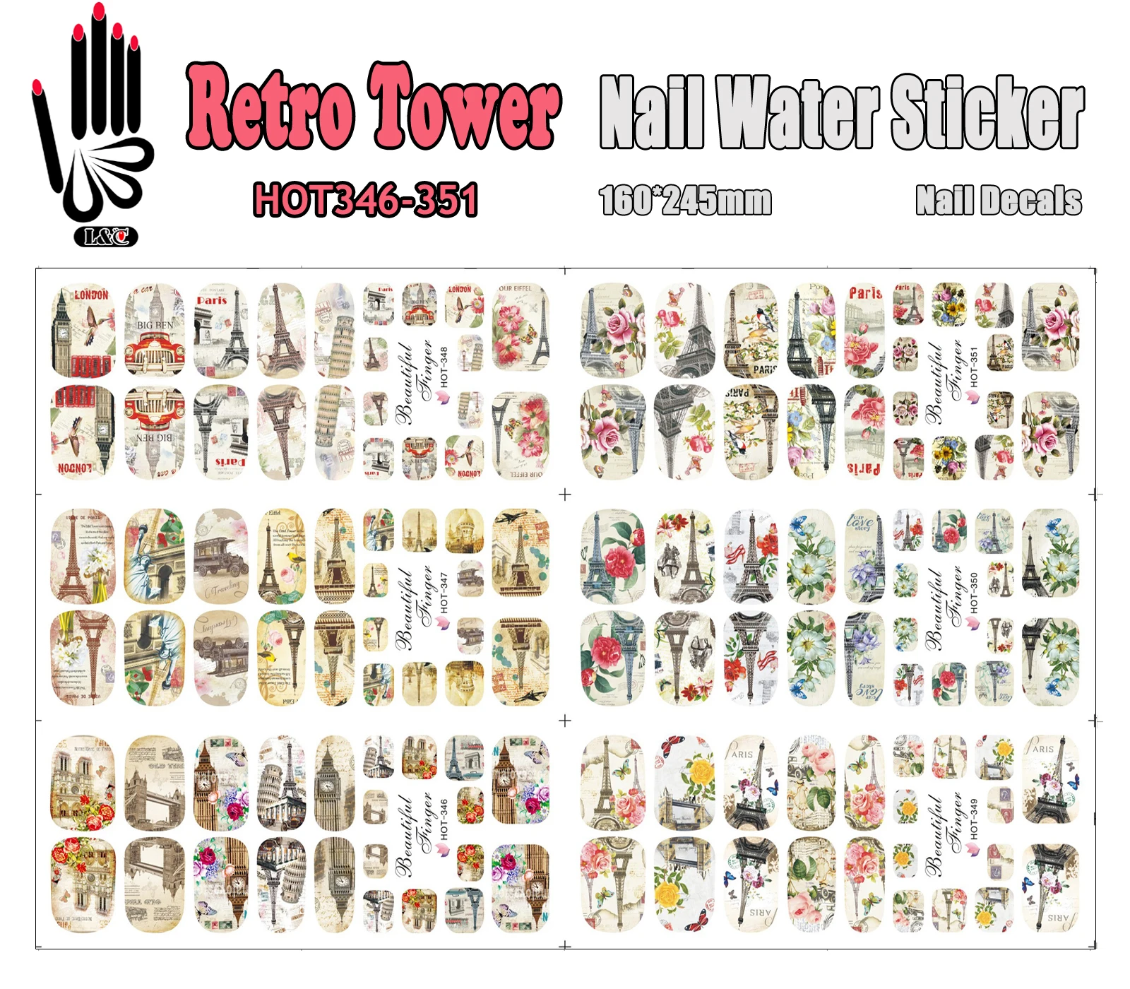 

6 Sheets/Lot Art Nail HOT346-351 Retro Tower Full Cover Nail Film Nail Art Water Sticker Decal For Nail Art (6 DESIGNS IN 1)