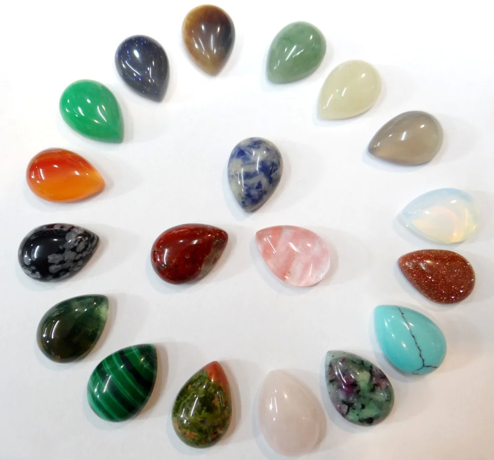 

Wholesale Opal Malachite Tiger Eye Agates Nanual Section Natural Stone Mix Water Drop CAB Cabochon 15*20mm pendant no hole 50pcs