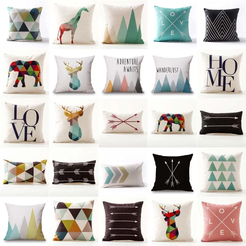 

Deer Elk Bear Elephant Cushion Covers Nordic Geometric Arrows Rhombus Triangles Mountain Pillow Cover Linen Beige Pillow Case