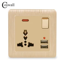 Coswall настенная розетка 13A Универсальная 3 отверстия переключаемая розетка 2.1A двойной usb-порт для зарядки светодиодный индикатор золото