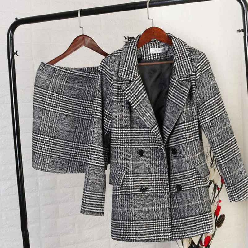 

Women Autumn Spring Long Sleeve Jacket Wool Coat Women Outwears Plaid Tweed Skirts Suit Women 2 Pieces Sets Women Suits WS156